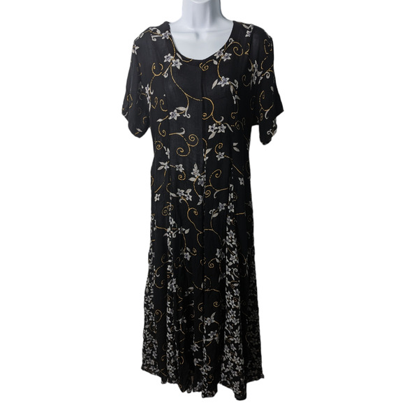 Vintage 90's Starina Floral Midi Dress Tie Back Black Blue Tan Rayon - Picture 1 of 10